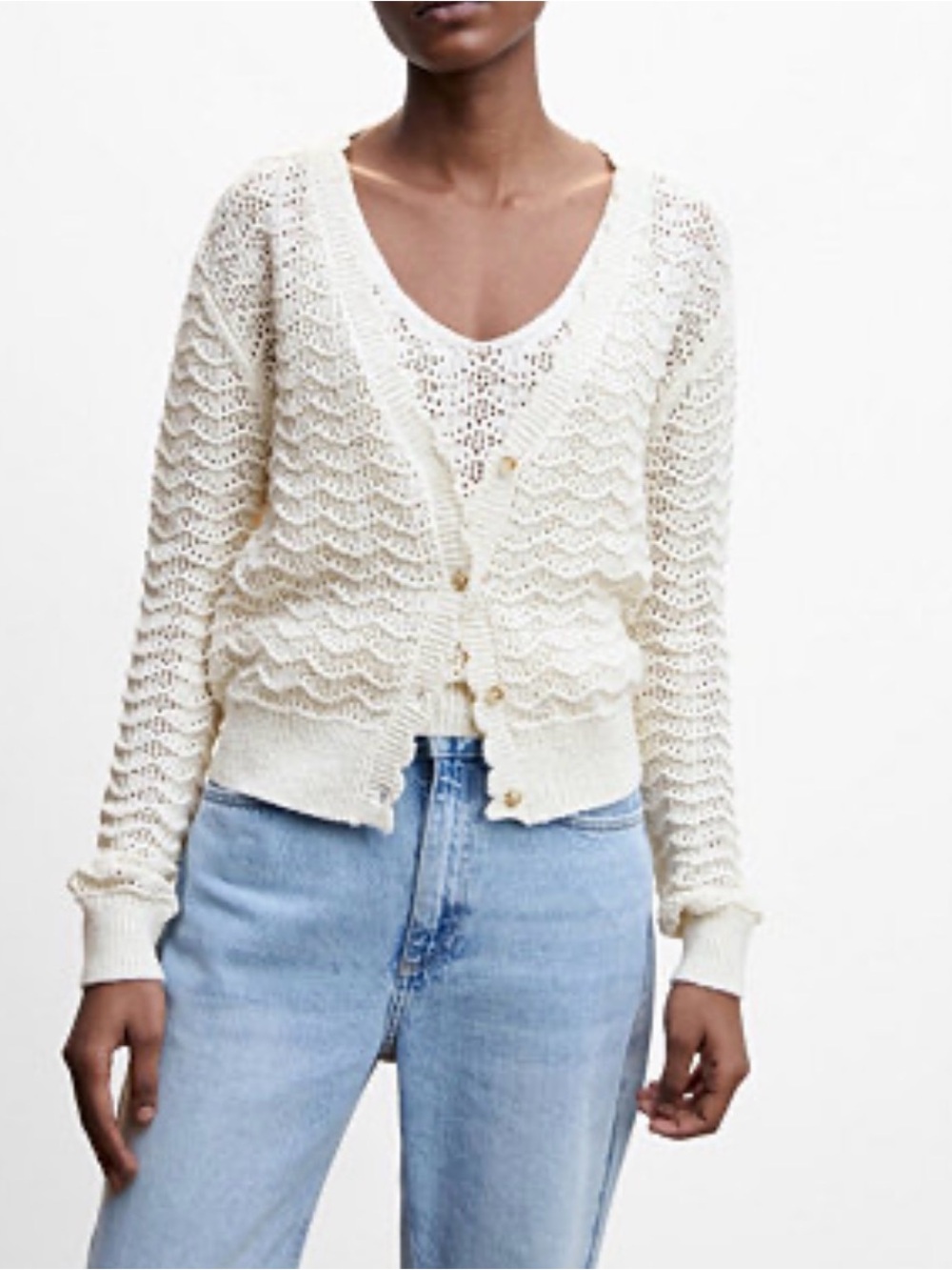Mango open knit cardigan with scalloped edges ivory XL